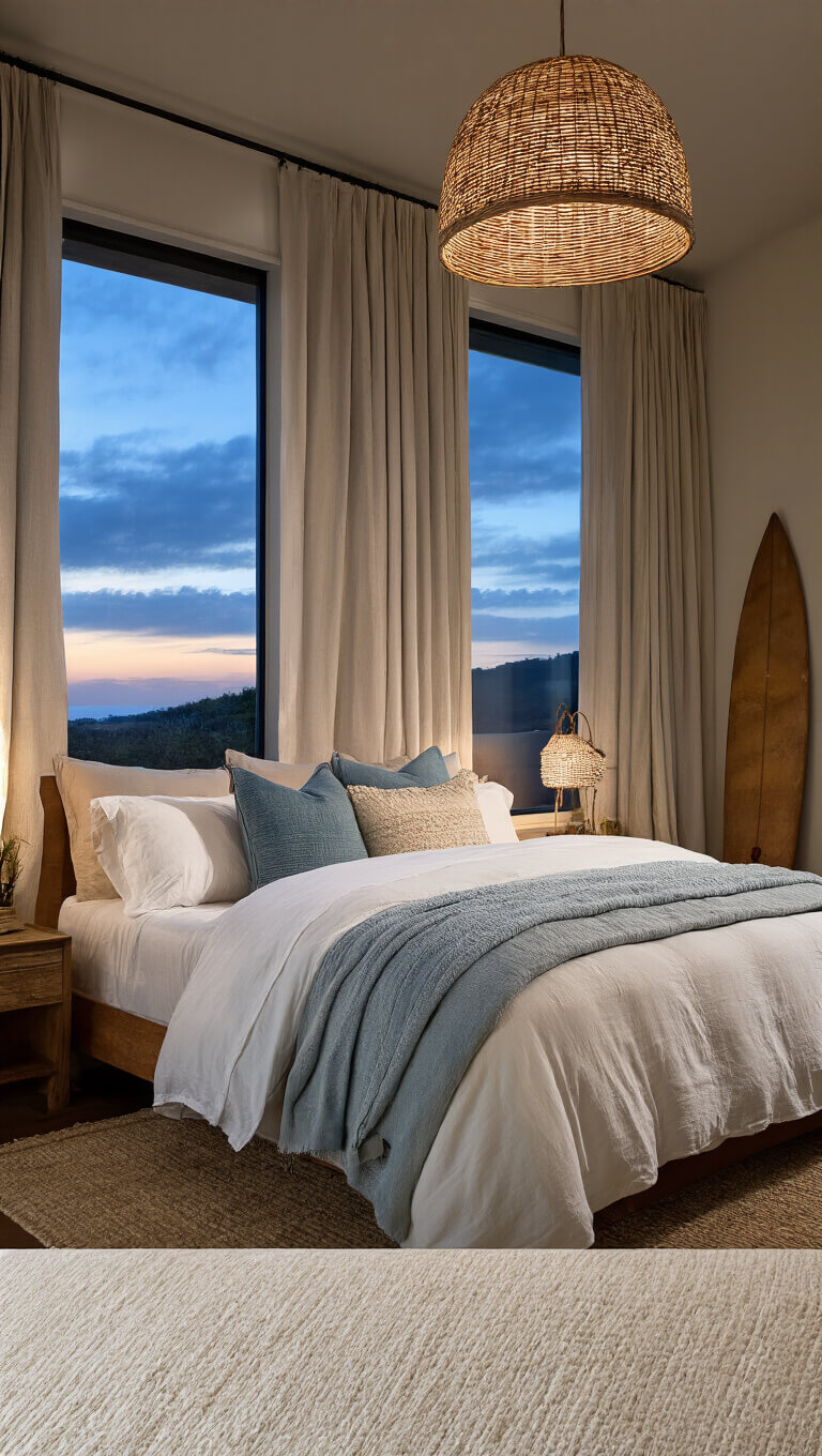 Twilight bedroom with California king bed, layered white and cream linens, textured neutral and blue pillows, linen curtains blowing in breeze, rattan pendant lamp casting shadows, and vintage surfboard in corner.