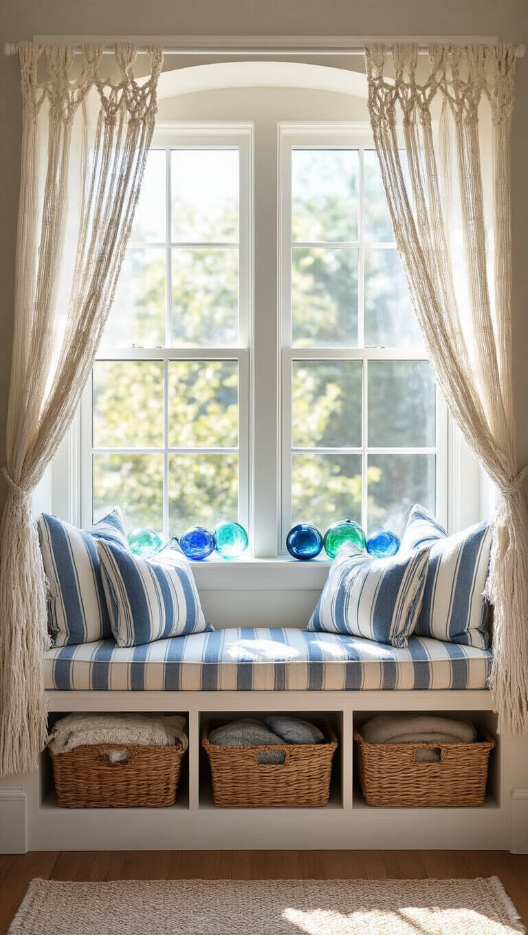 Cozy window seat with striped cushions, vintage glass floats on sill, and macramé curtains filtering morning light.