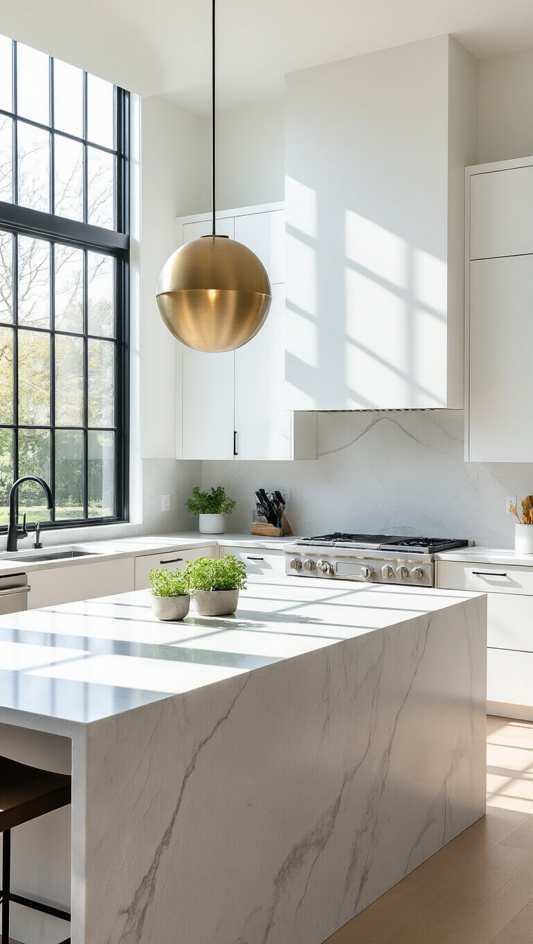 Contemporary kitchen with white flat-panel cabinets, large quartz island, black fixtures, and floor-to-ceiling windows streaming morning light.