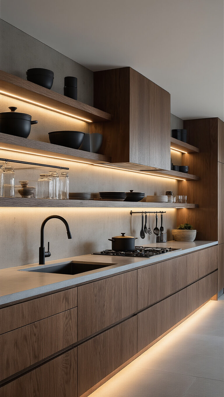 Modern kitchen at dusk with LED lighting under shelves, walnut cabinets, concrete countertops, and matte black cookware on a rail.