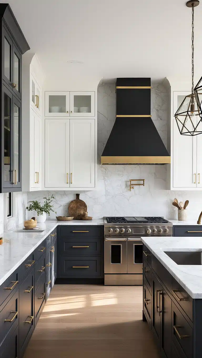 L-shaped kitchen with sunlit two-tone cabinetry, marble countertops, blackened steel hood, and geometric pendant lights.
