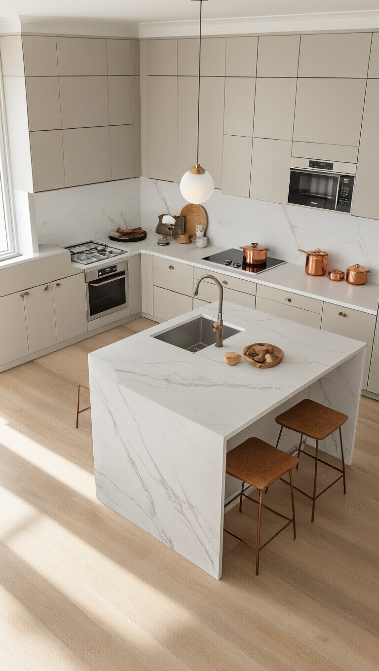 Minimalist 16x14ft kitchen with greige handleless cabinets, warm wood accents, white quartz waterfall island, integrated smart appliances, and copper cookware, bathed in morning light.