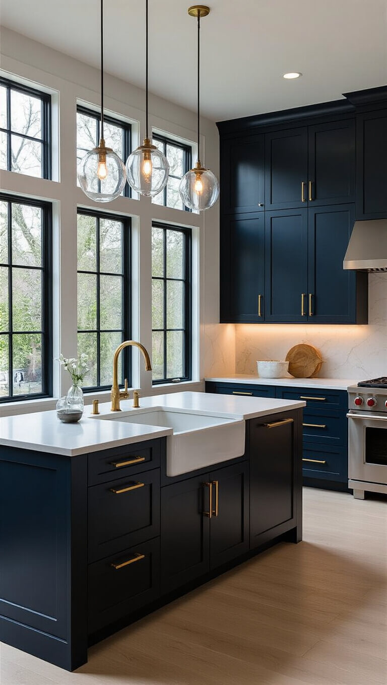 Contemporary kitchen at twilight with navy cabinets, white countertops, brass accents, and floor-to-ceiling windows.