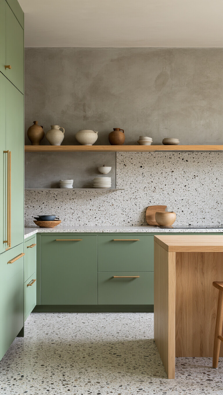 Modern open-concept kitchen with terrazzo floor, sage green cabinets, bleached oak island, wooden shelves displaying ceramics, and concrete accent wall in midday light.