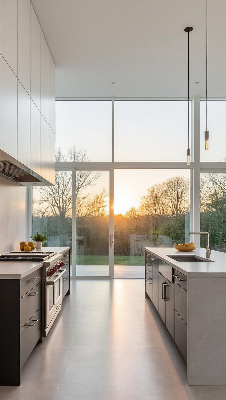 Contemporary 24x16ft kitchen bathed in golden hour light with floor-to-ceiling windows, white floating upper cabinets, graphite lower units, and a pale concrete island.