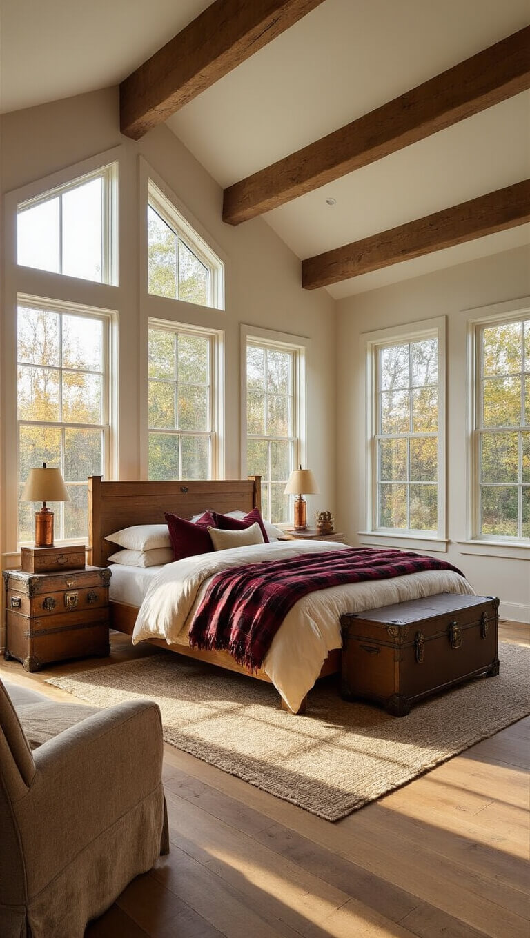 Cozy 14x16ft bedroom with cathedral ceiling beams, golden hour sunlight, king-size log bed, rustic decor, and warm ambient lighting.