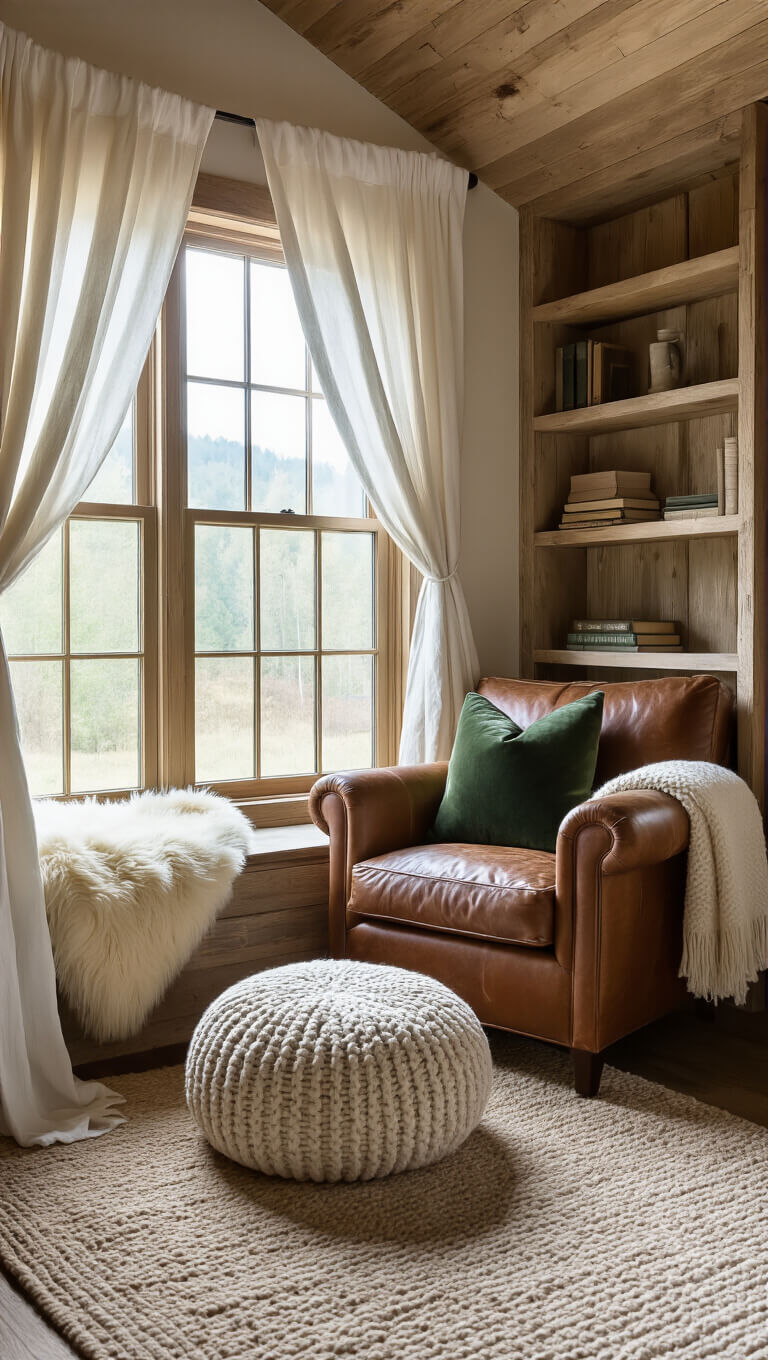 Cozy cabin bedroom corner at dawn with soft light through white curtains, featuring a leather armchair, knit pouf, and wooden reading nook beneath dormer window.