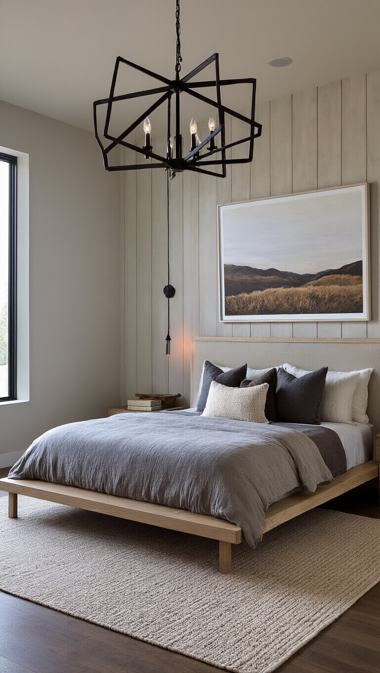 Modern-rustic master bedroom with shiplap accent wall, minimalist oak platform bed, layered neutral bedding, abstract art above headboard, and moody twilight lighting.