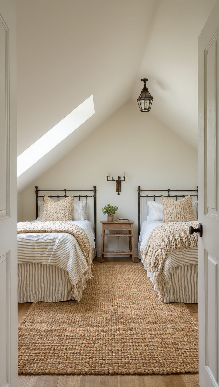 Cozy 9x11ft attic bedroom with sloped ceiling, twin wrought iron beds in striped linens and knit throws, jute rug center, flanked by wool rugs, lantern sconces on walls, natural afternoon light.