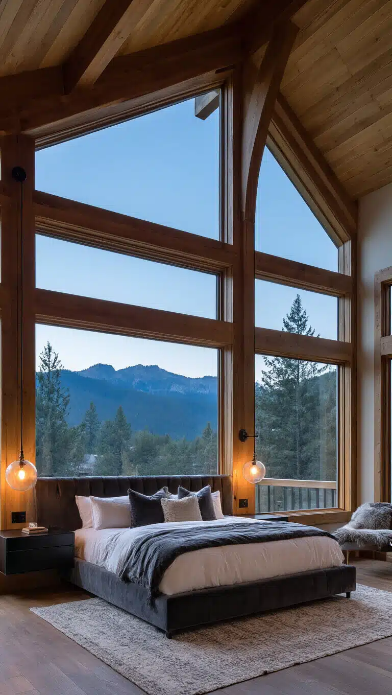 Luxe timber-frame cabin suite at blue hour with California king bed, live-edge headboard, mountain views through floor-to-ceiling windows, and ambient architectural lighting.