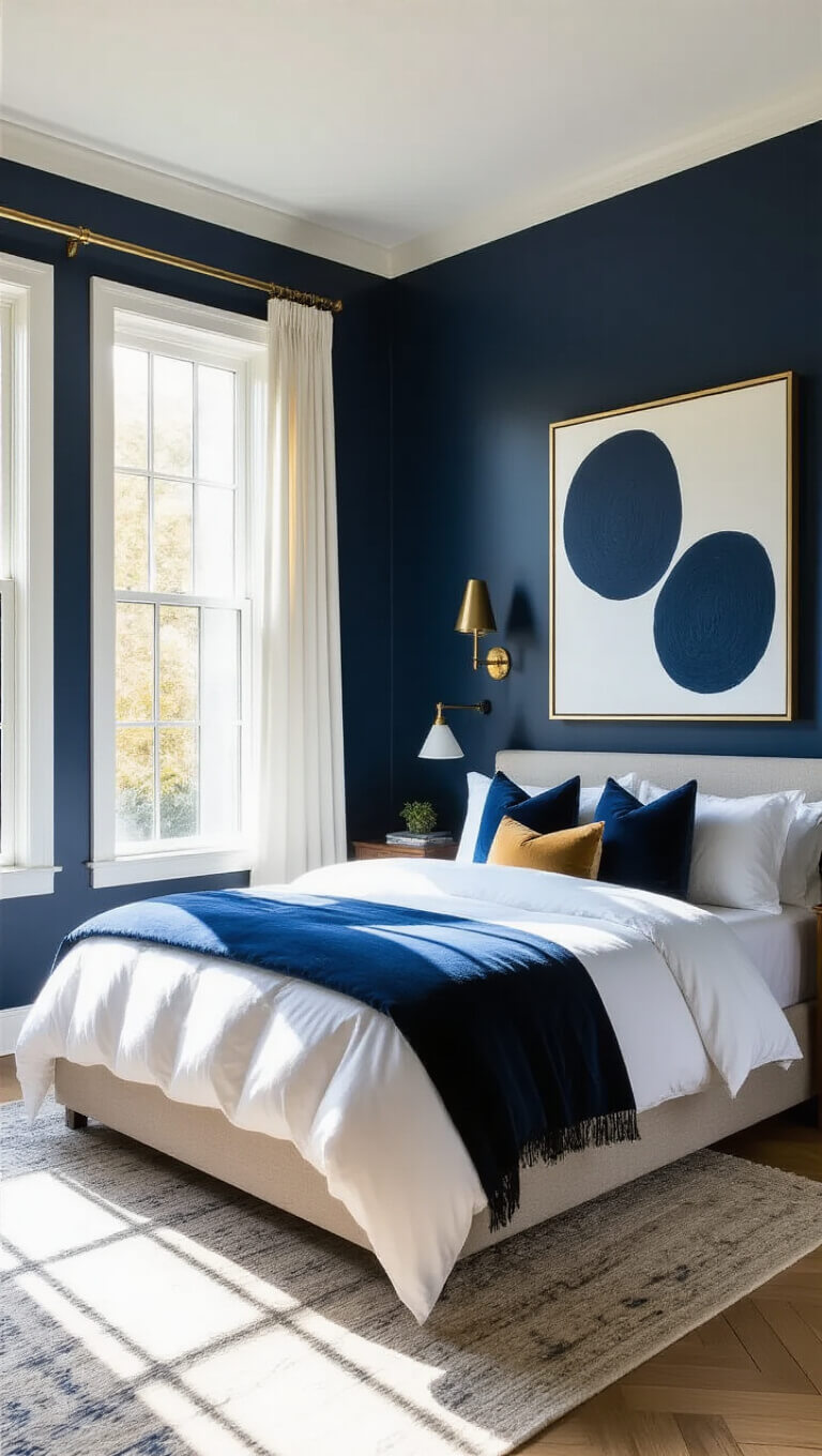 Elegant navy bedroom with white oak herringbone floor, king bed in white linens, golden hour light streaming through tall windows.