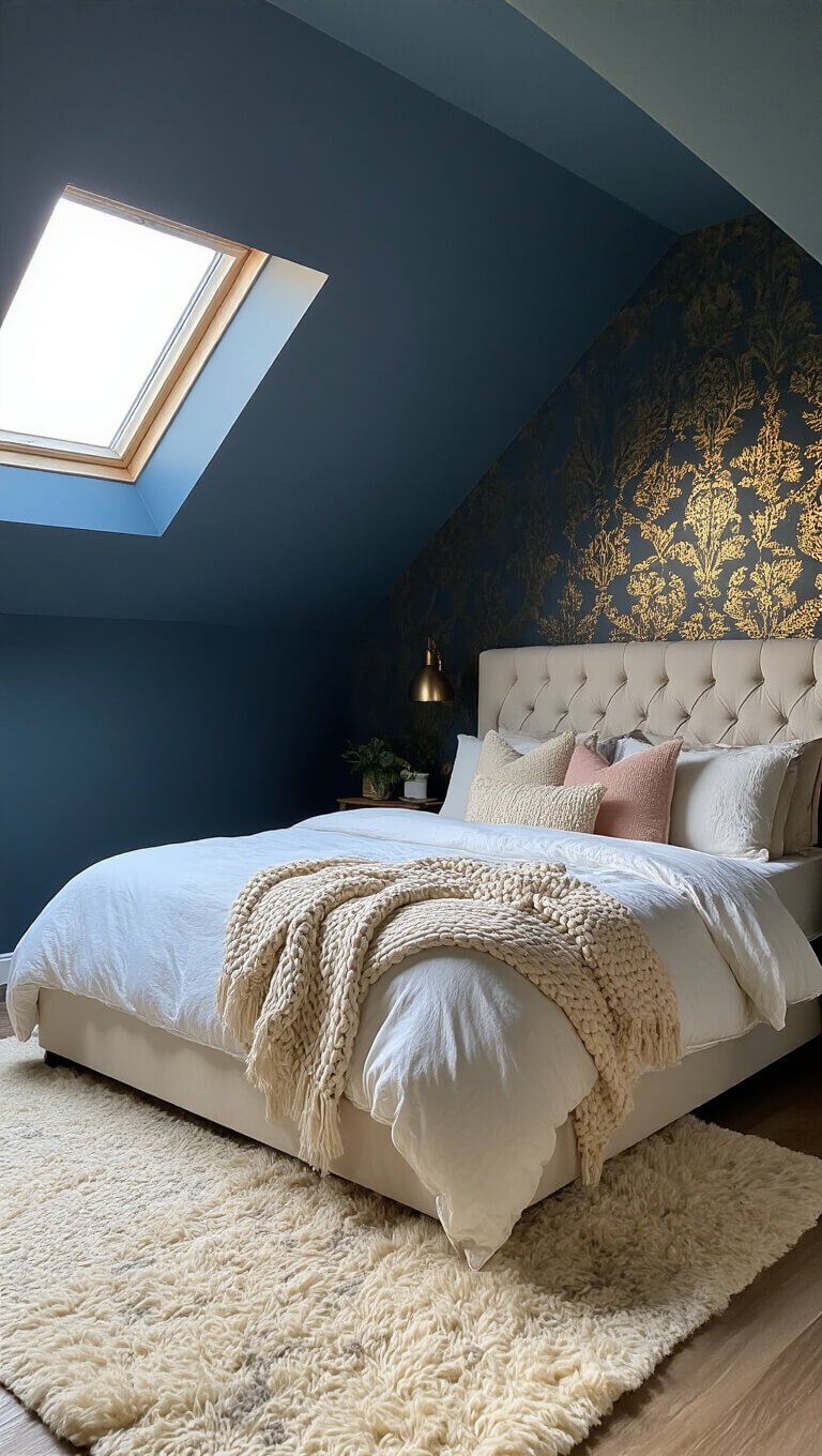 Cozy 10x12ft attic bedroom with slate blue walls and sloped ceiling, golden hour light through dormer windows, queen bed with layered linens, metallic accent wall, and textured decor.