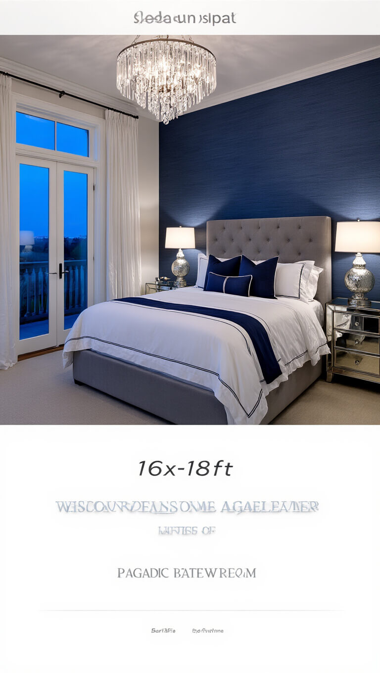 Luxurious master bedroom at twilight with midnight blue walls, crystal chandelier, tufted velvet bed, mirrored nightstands, and French doors to balcony.