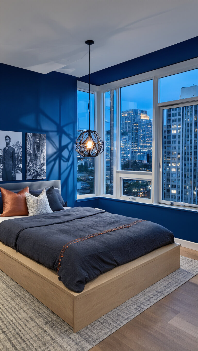 Contemporary deep blue 13x15ft bedroom with floor-to-ceiling windows, city lights view, modern bleached oak platform bed, charcoal bedding, copper pillows, geometric pendant light, and black and white photography focal point, photographed during blue hour.