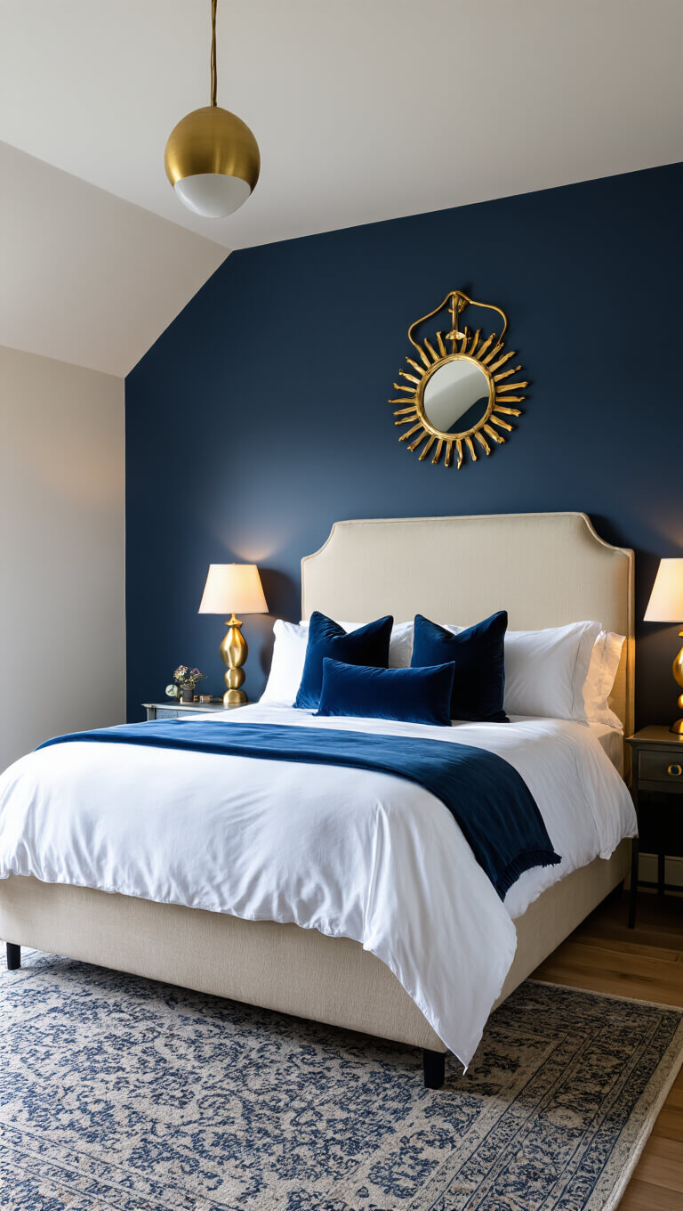 Luxurious boutique hotel-style bedroom in Stiffkey Blue with champagne silk headboard, white bedding, blue velvet pillows, brass mirror, and sculptural lamps in soft natural and warm LED lighting.