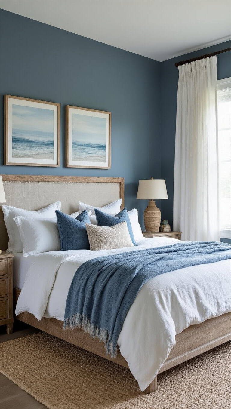 Coastal-style 15x17ft bedroom in stormy blue-grey with king bed, layered neutral textiles, weathered wood furniture, rope accents, and seascape art, lit by soft afternoon light through white linen drapes.