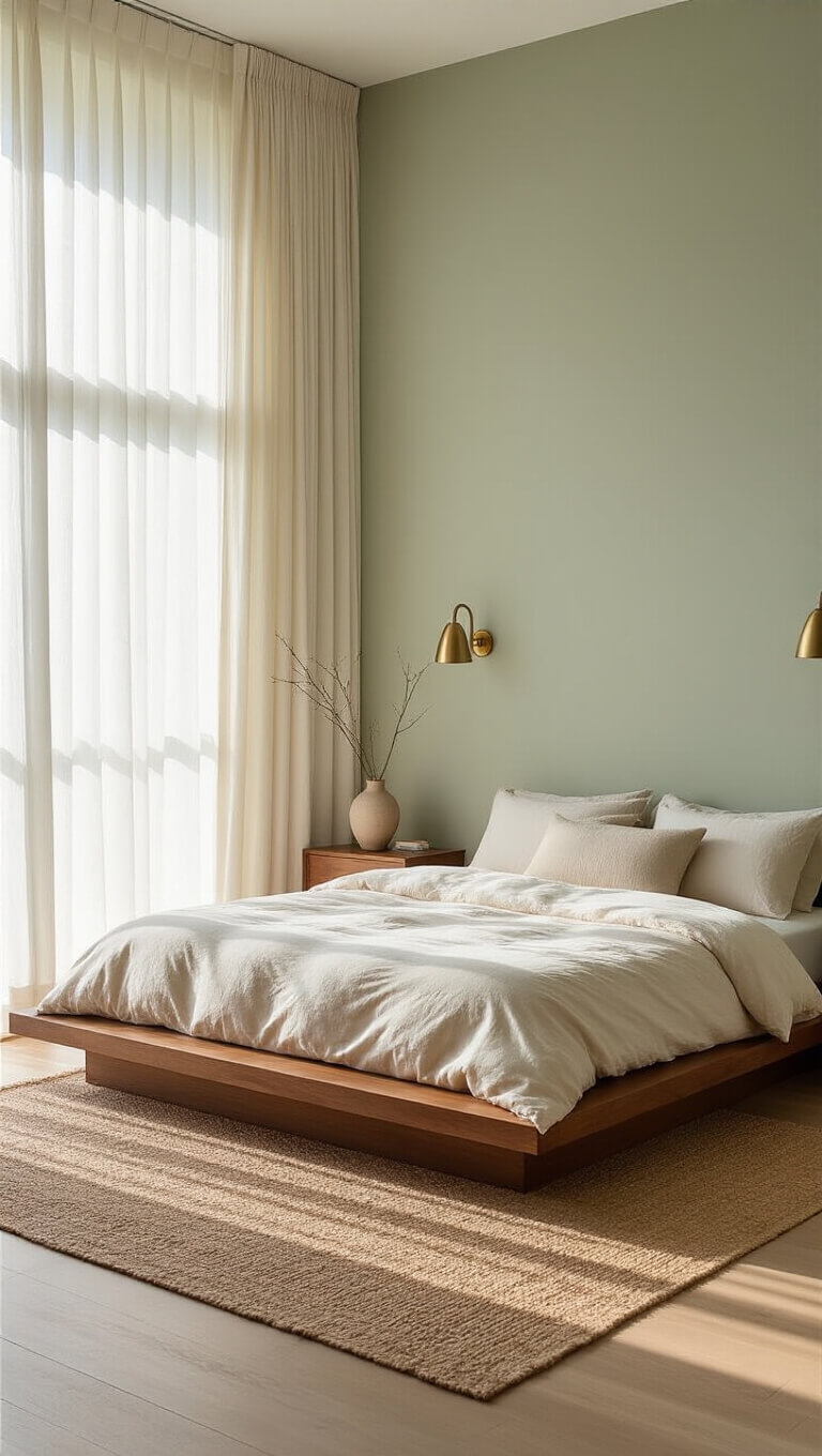 Zen bedroom with walnut platform bed, ivory bedding, sheer curtains, sage green accent wall, and soft morning light.