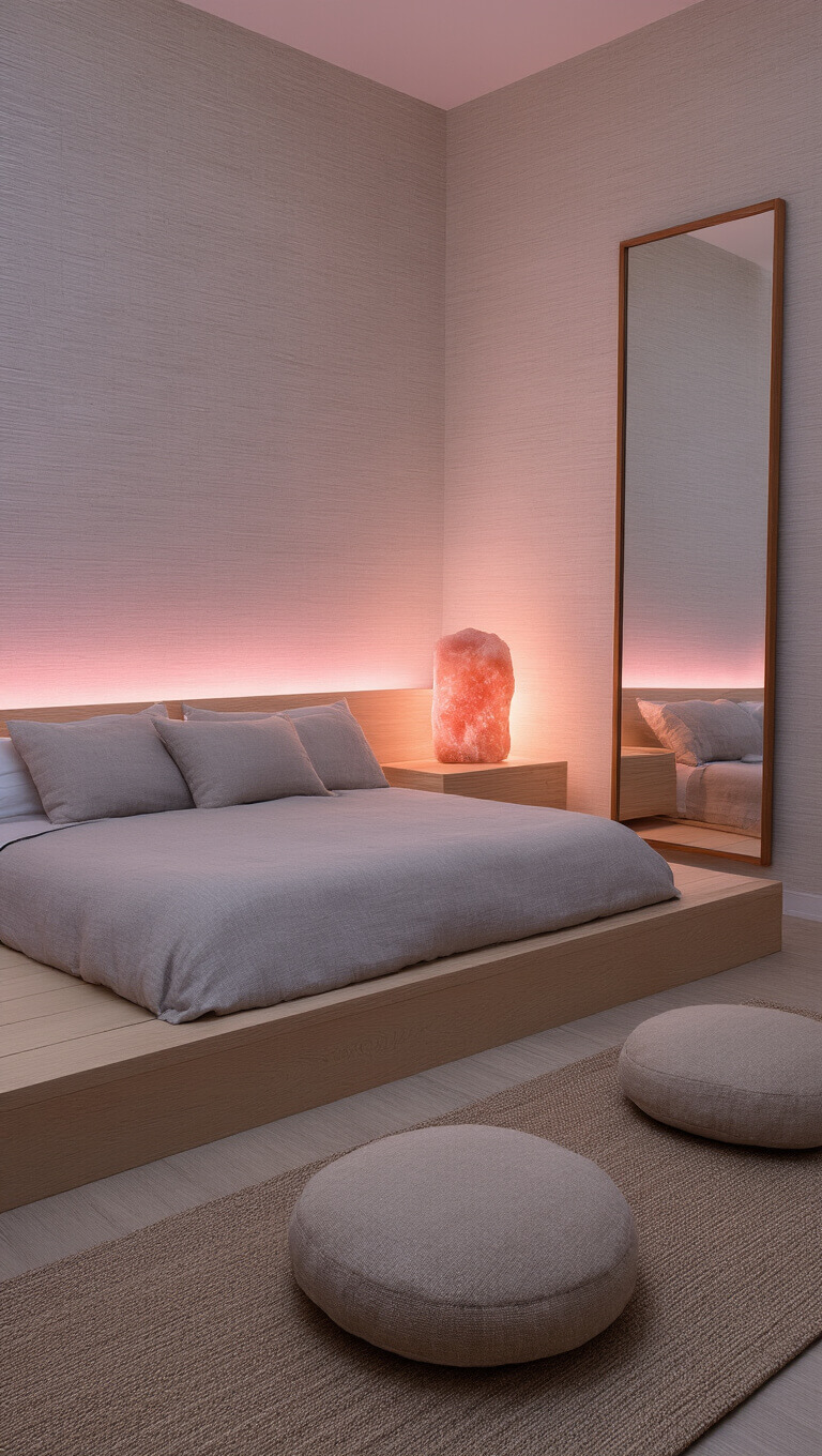 Cozy 10x12ft Zen bedroom at dusk with platform bed, stone-washed linens, salt lamp glow, meditation cushions, and grasscloth wallpaper.