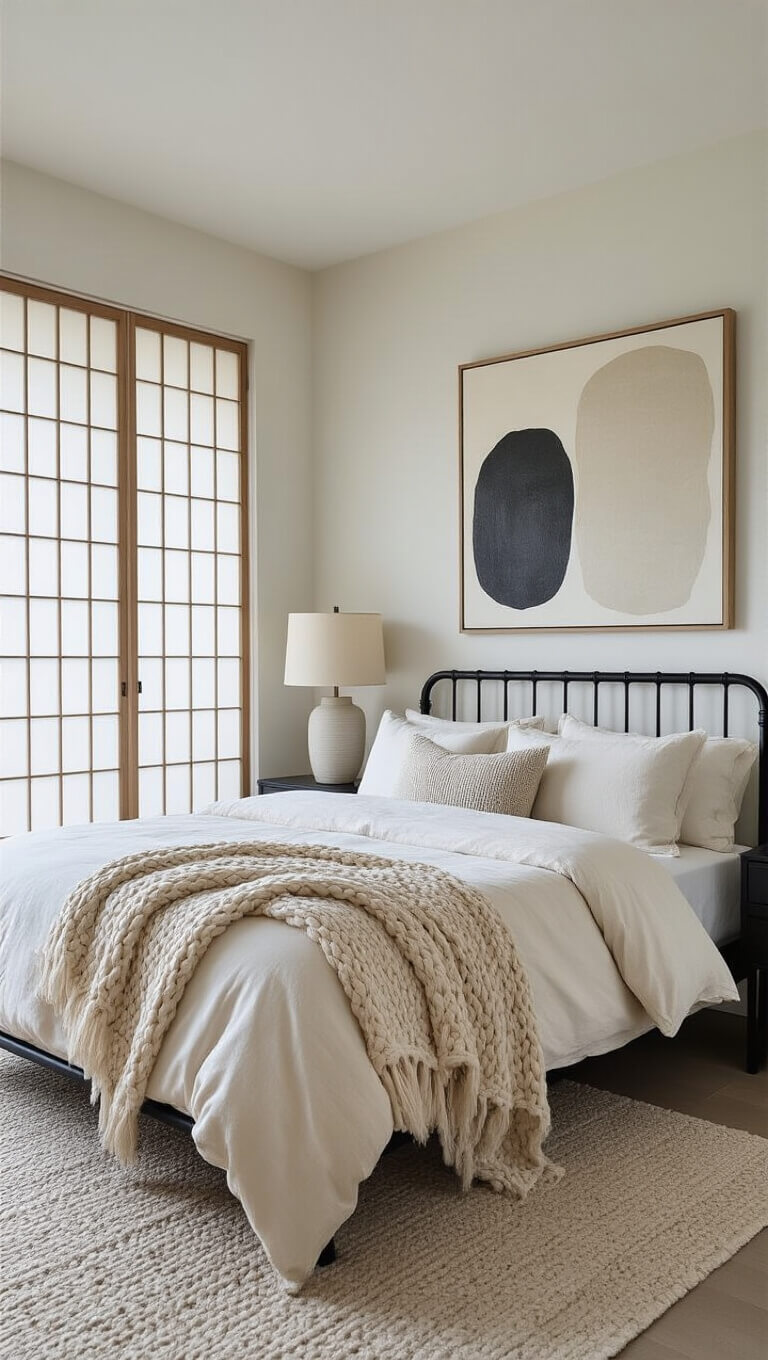 Minimalist master bedroom with black metal bed, ivory bedding, and shoji screens filtering soft natural light.