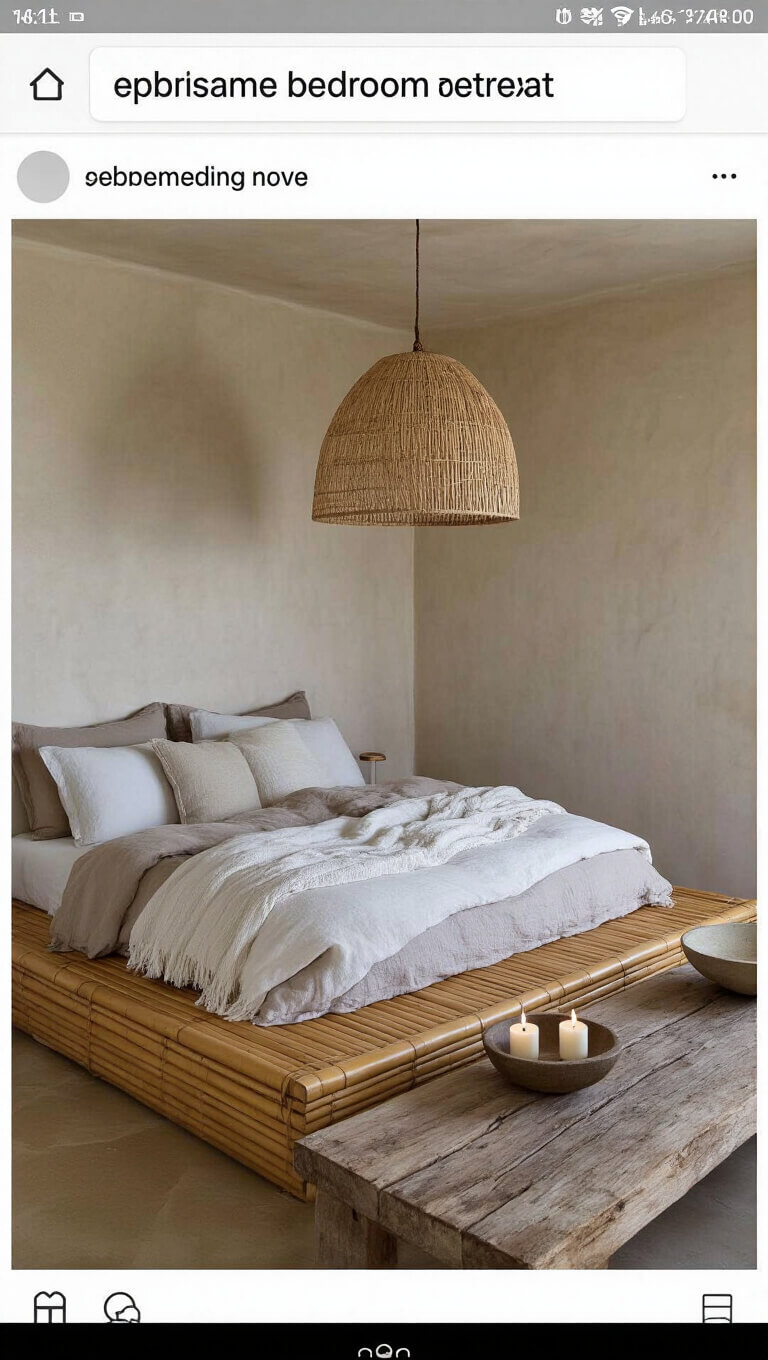 Cozy 12x14ft bedroom retreat at blue hour with low bamboo bed, layered neutral bedding, woven pendant light, and textured venetian plaster walls.