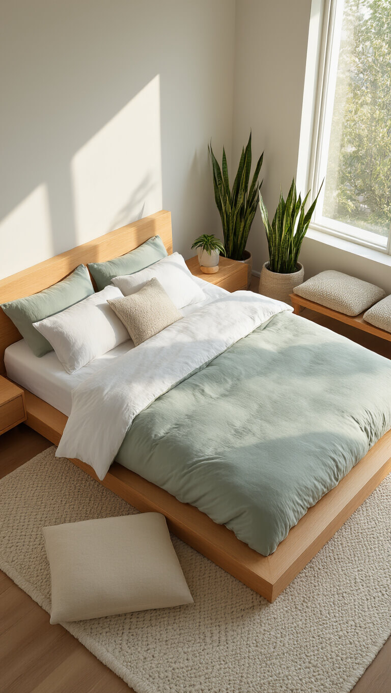 Modern Zen bedroom with maple bed, soft green and white bedding, wool floor cushions, snake plants, and geometric rug in morning light.