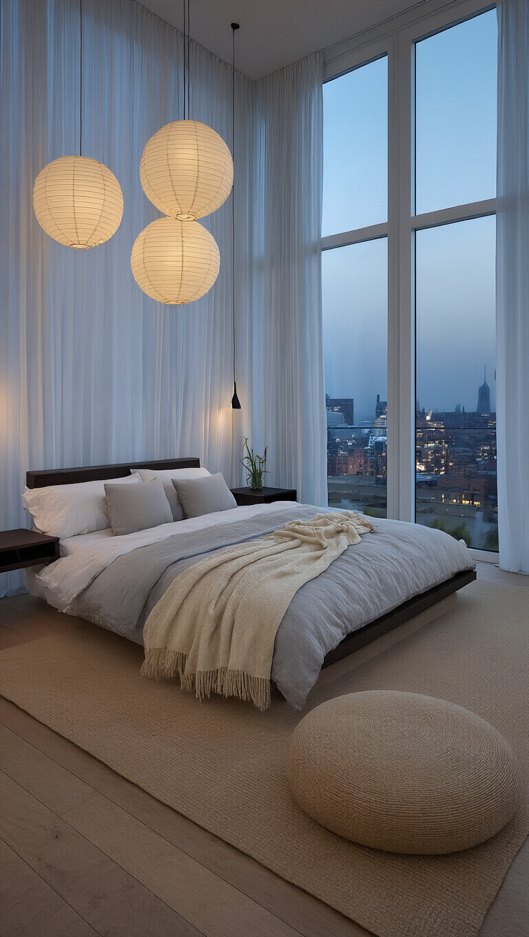 Tranquil twilight bedroom with platform bed, layered neutral bedding, floating side tables, paper lanterns, and meditation cushion.