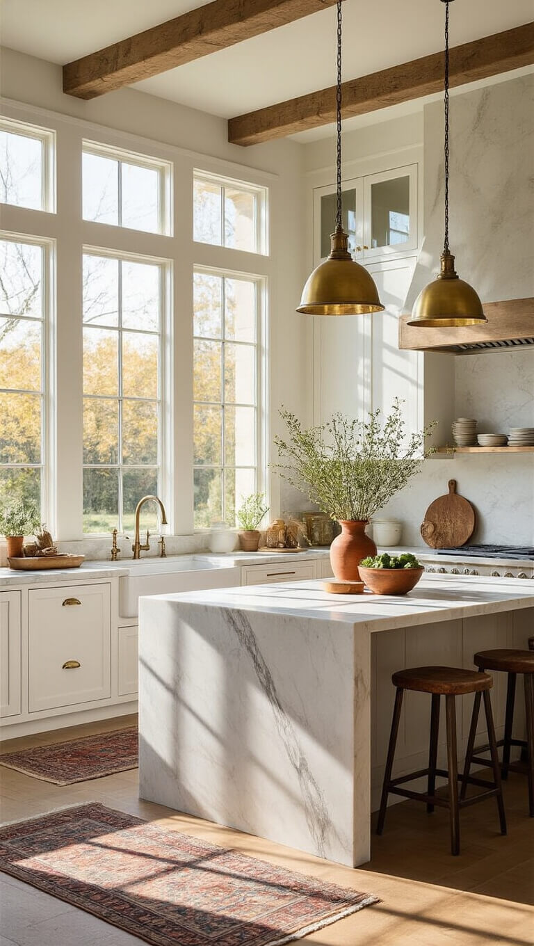 Modern farmhouse kitchen bathed in golden hour light with white shaker cabinets, marble waterfall island, brass pendants, vintage runner, and textured decor elements.