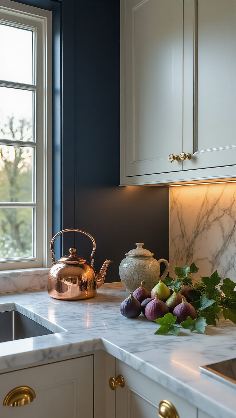 Luxury kitchen corner at dusk with navy accent wall, Carrara marble countertops, copper kettle, artisanal pottery, fresh figs, and gold hardware in moody ambient lighting.