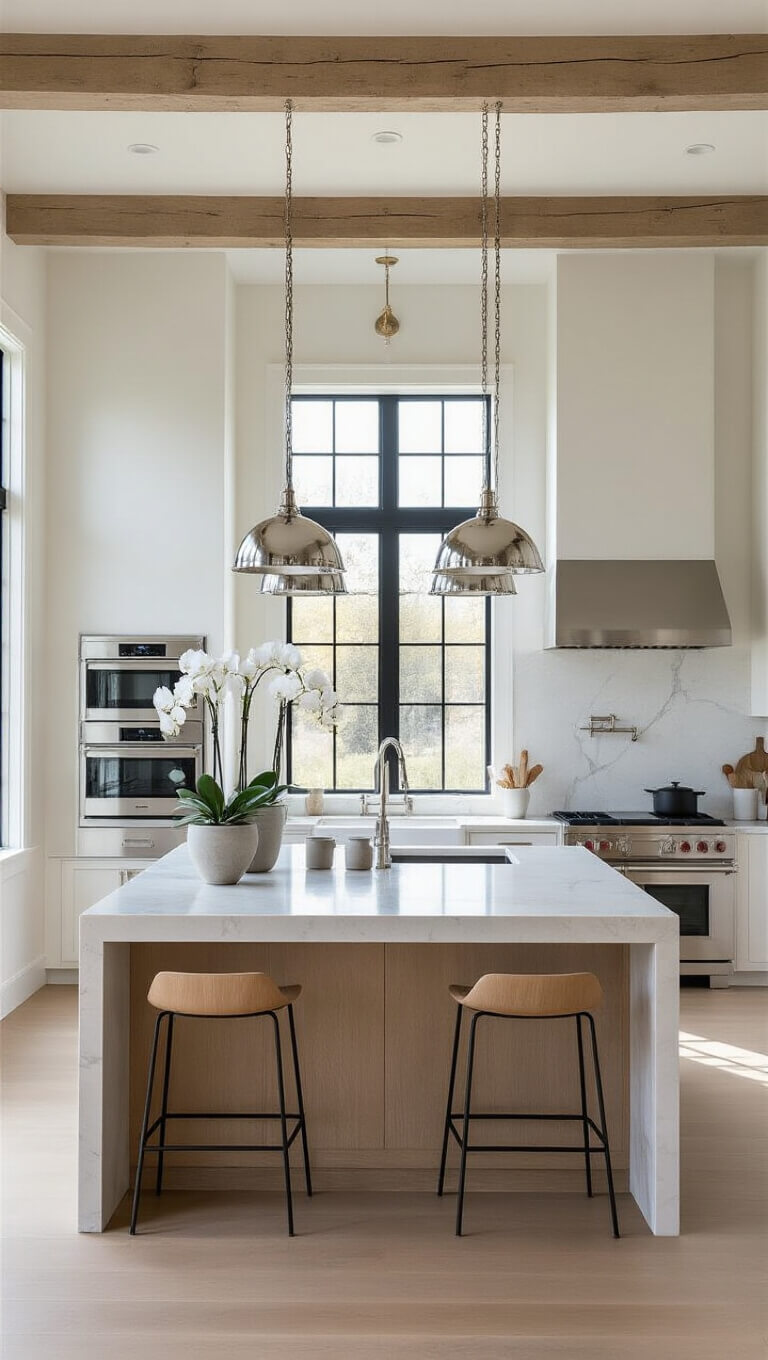 Bright, modern chef's kitchen with double-height ceilings, exposed wooden beams, large quartz island, stainless appliances, and stylish pendant lighting.