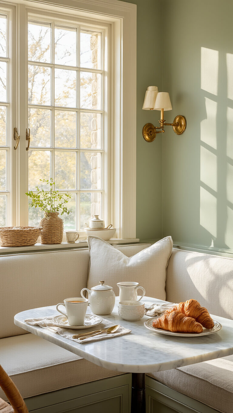 Cozy sunrise-lit breakfast nook with cream linen banquette, marble bistro table, croissants, vintage tableware, and sage green walls with brass sconces.