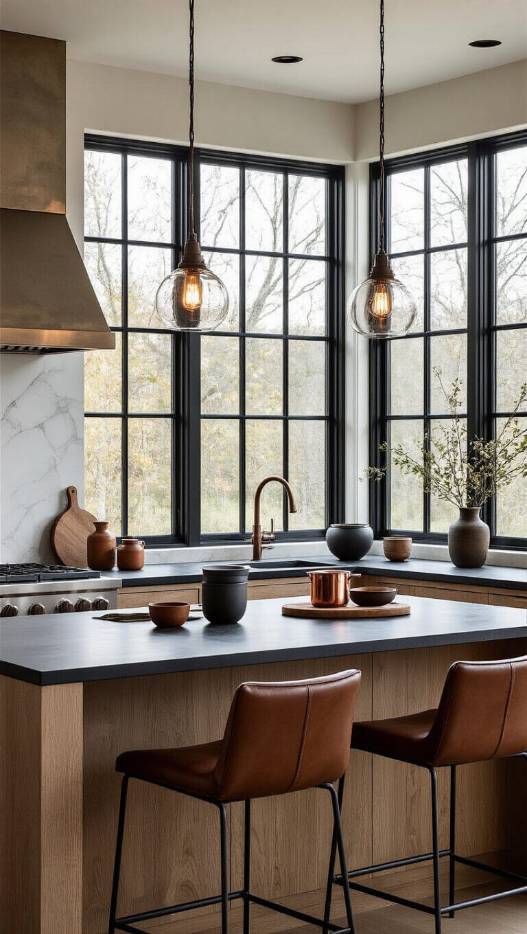Twilight kitchen with white oak cabinetry, black-framed windows, soapstone counters, copper cookware, and moody lighting.