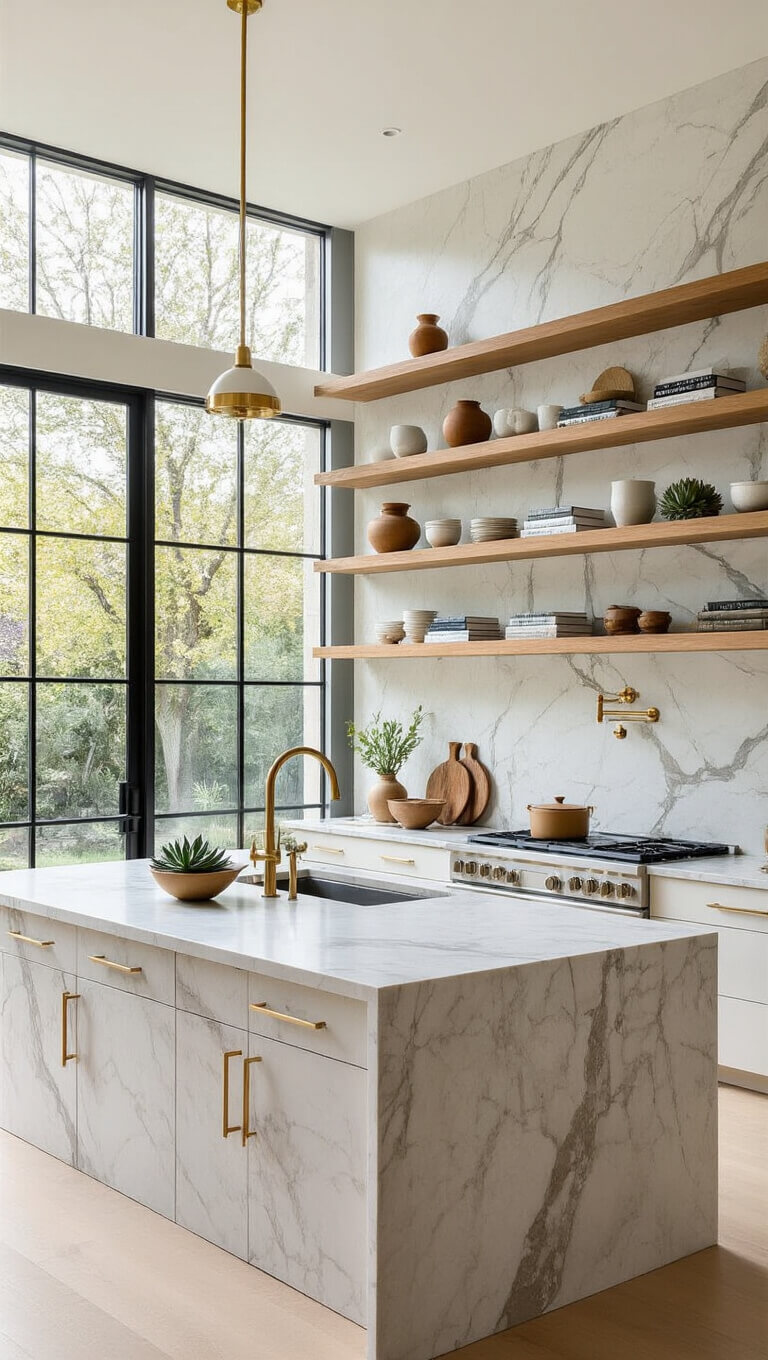 Contemporary kitchen with marble backsplash, floating wooden shelves, and granite island under natural morning light.