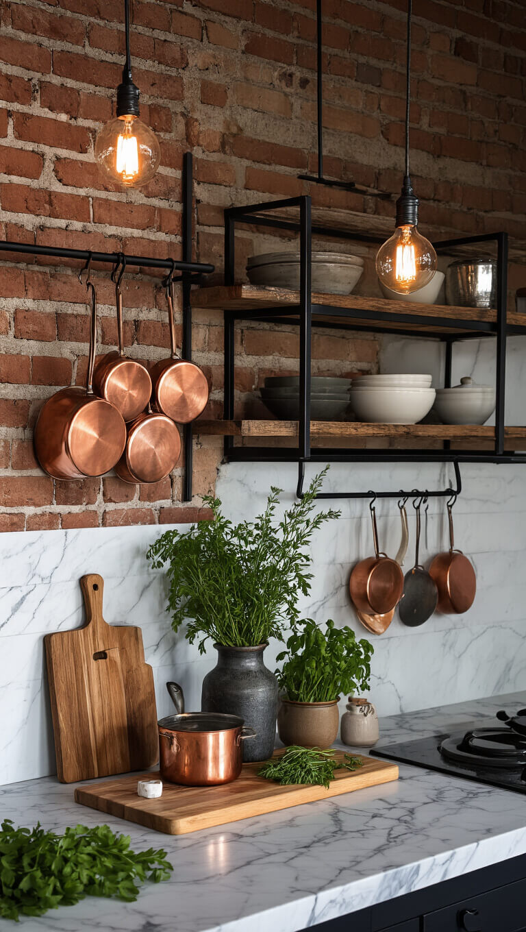 Rustic-modern kitchen corner with exposed brick, marble countertops, copper pots, Edison lighting, and industrial shelving styled with vintage decor.