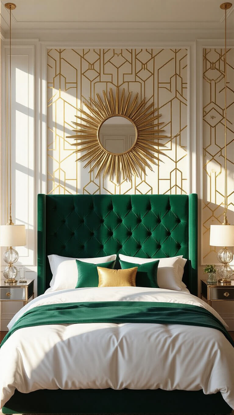 Art Deco bedroom with emerald tufted headboard, gold geometric wallpaper, sunburst mirror, and white silk bedding in late afternoon sunlight.