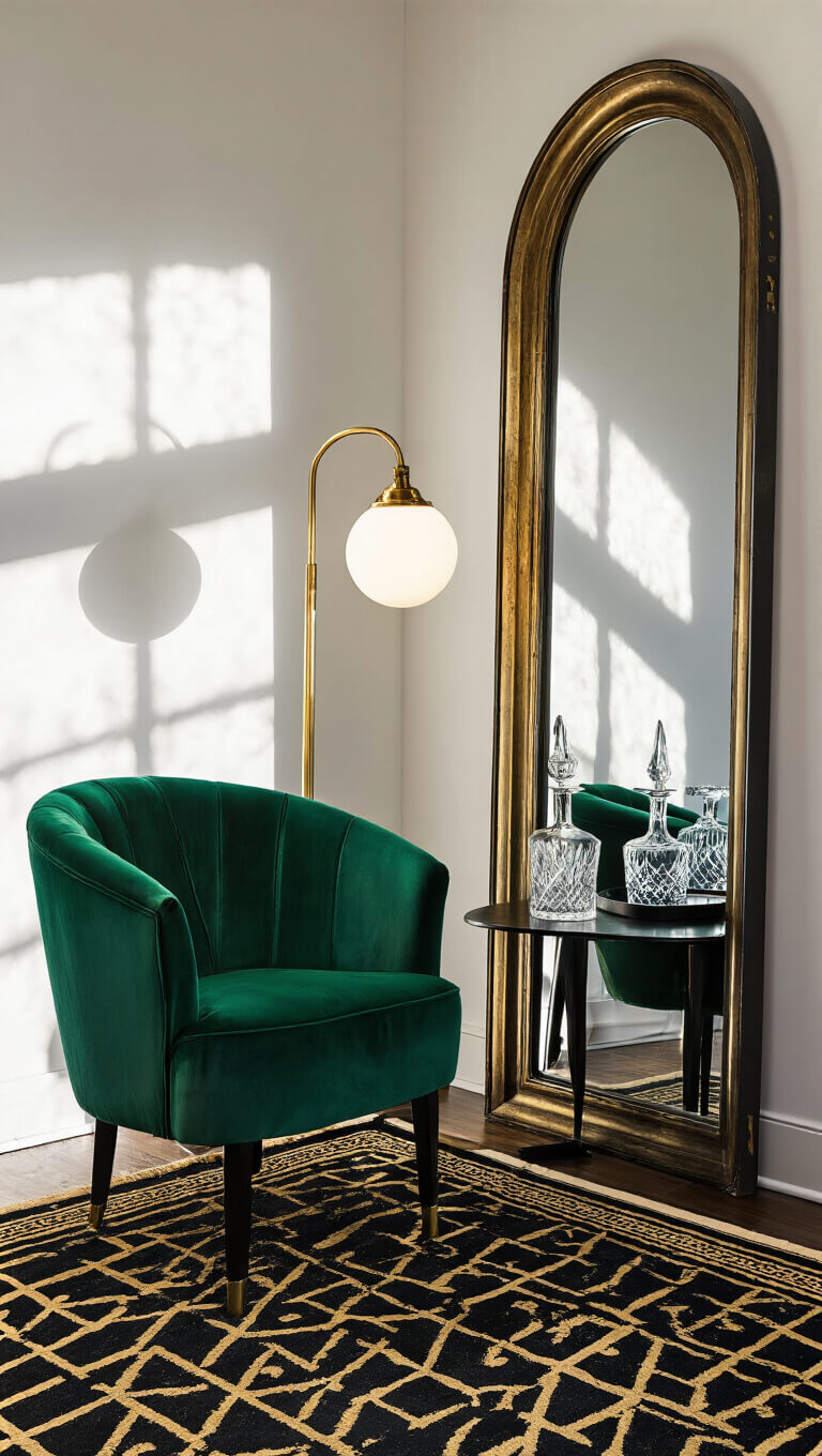 Elegant bedroom corner with emerald velvet chair, antique mirror, brass lamp, and vintage cocktail setup on dark wood table.