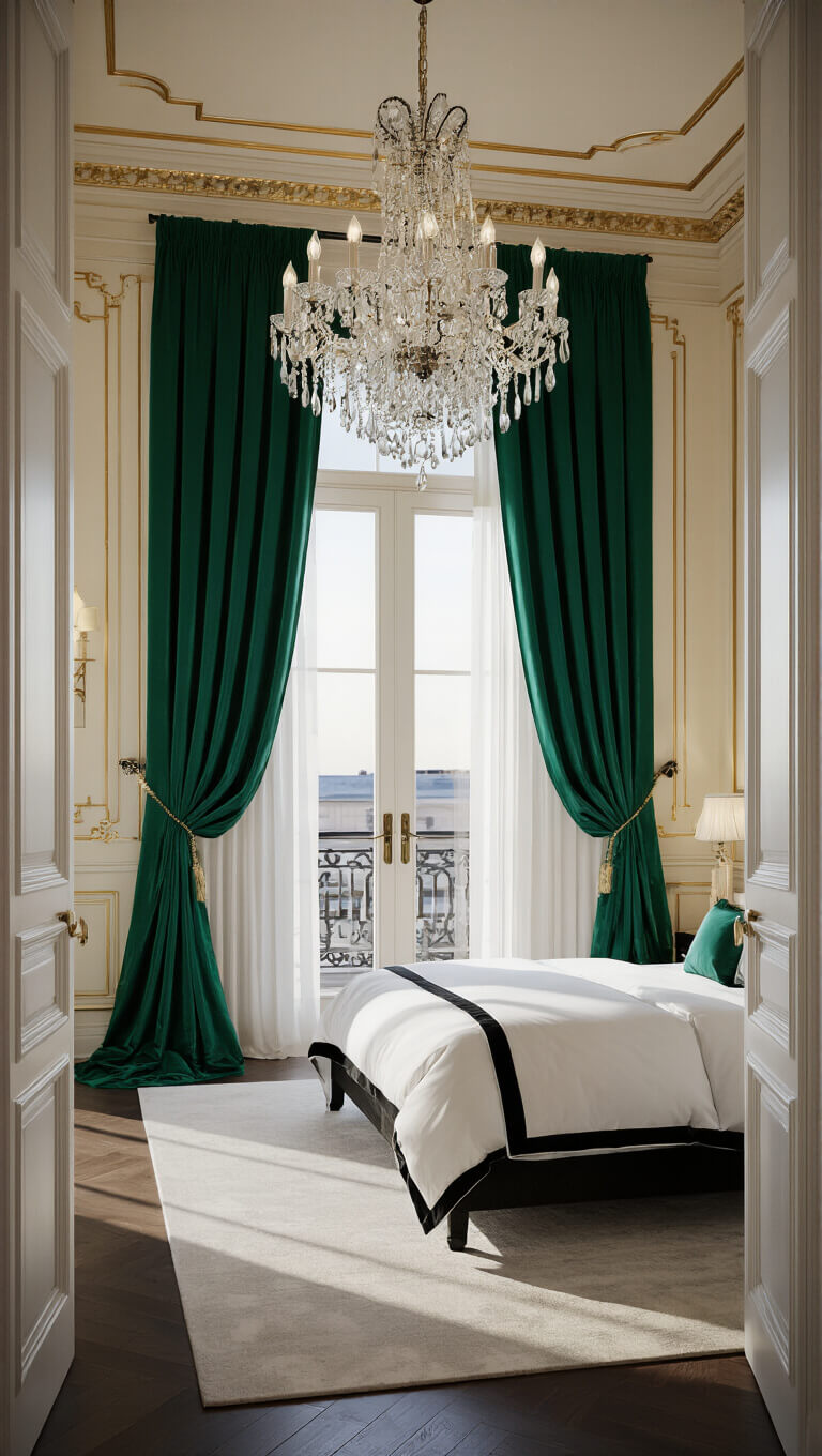 Dramatic master bedroom at dusk with emerald drapes, crystal chandelier, geometric gold trim, and king bed in white linens, viewed from doorway.