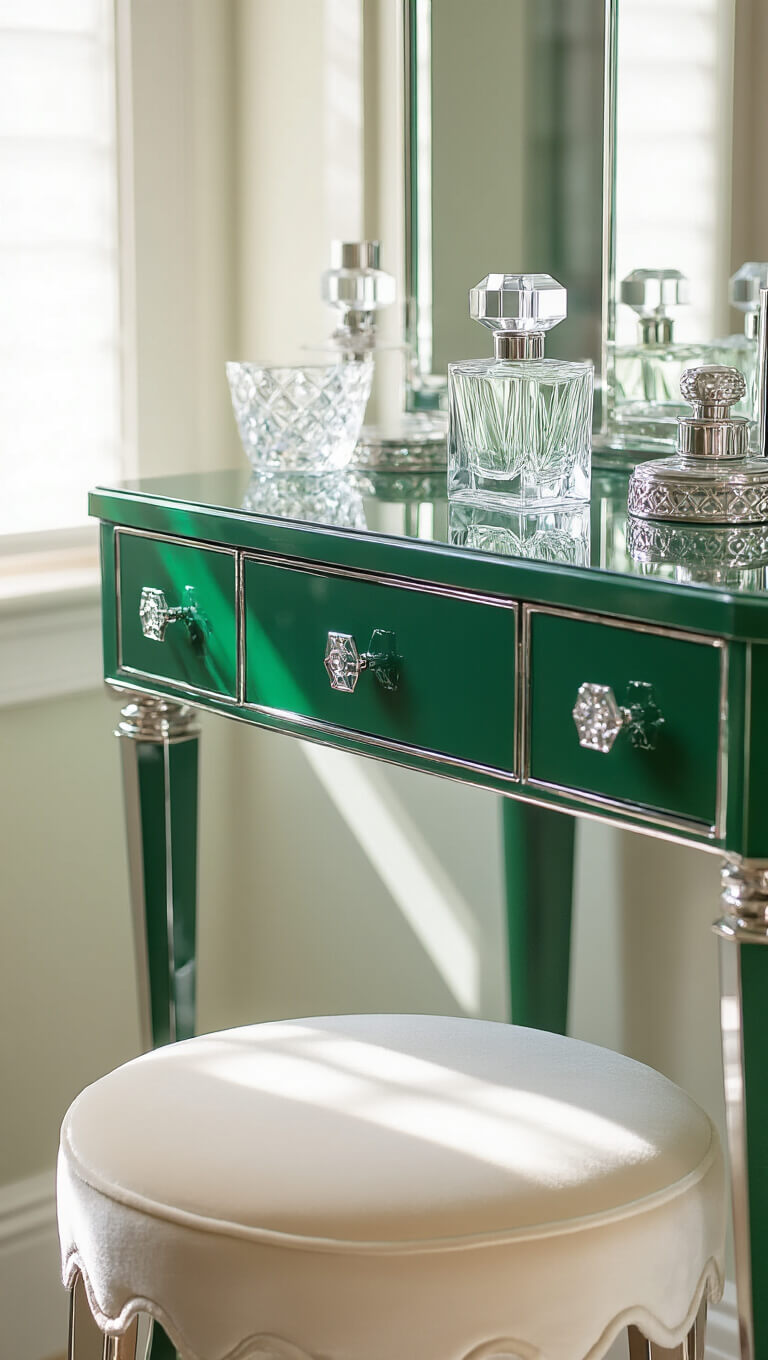 Art Deco emerald green vanity with chrome pulls, crystal perfume bottles, and cream velvet stool in soft morning light.