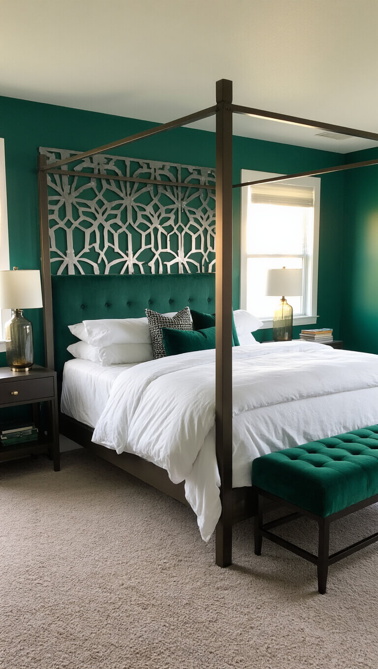 Wide-angle view of modern 14x16ft bedroom at sunset with emerald green accent wall, bronze four-poster bed, and dramatic light and shadow.