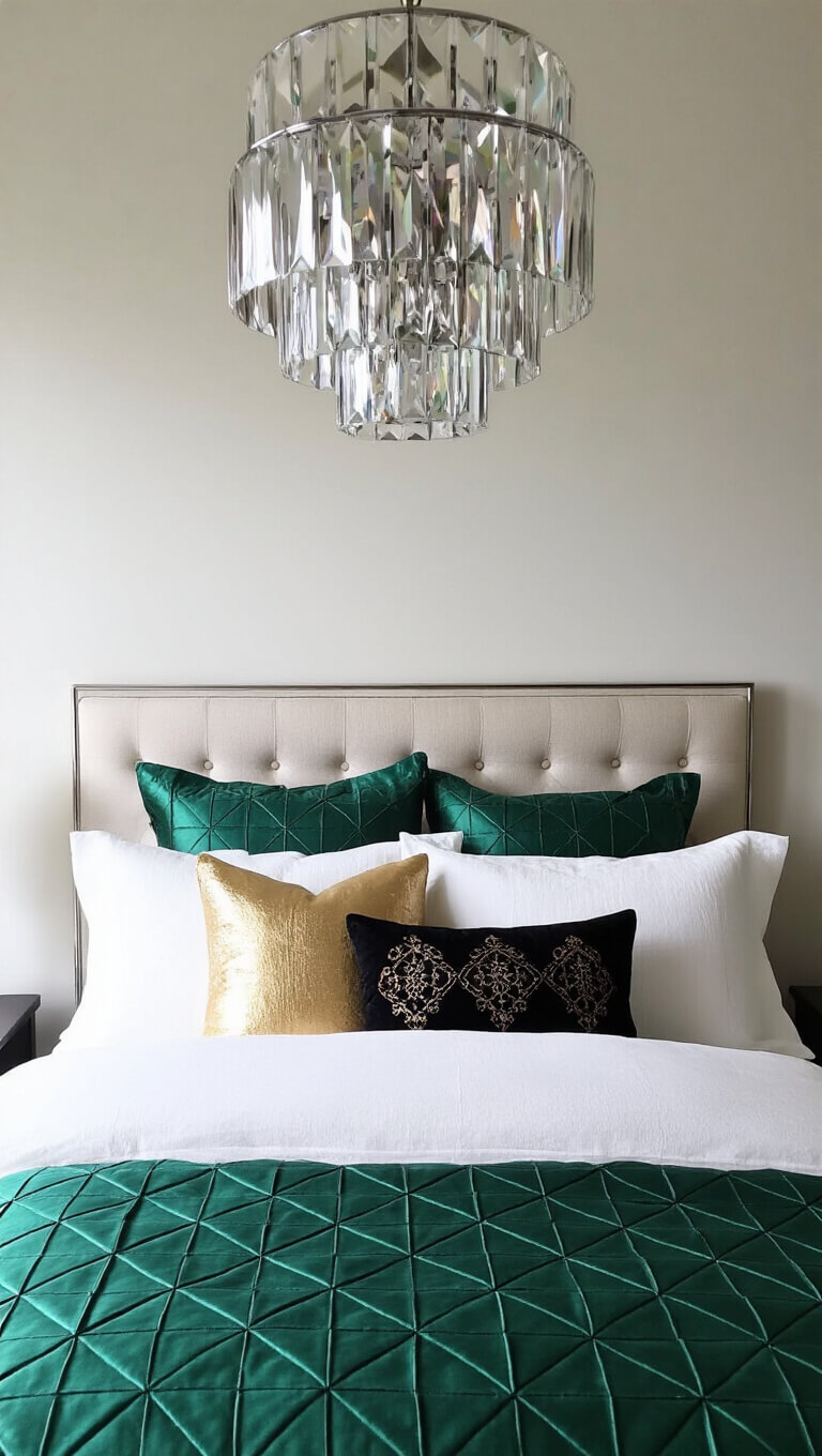 Plush emerald quilted duvet with textured pillows in white linen, gold leather, and black velvet; chrome pendant light casting prismatic light in natural daylight.
