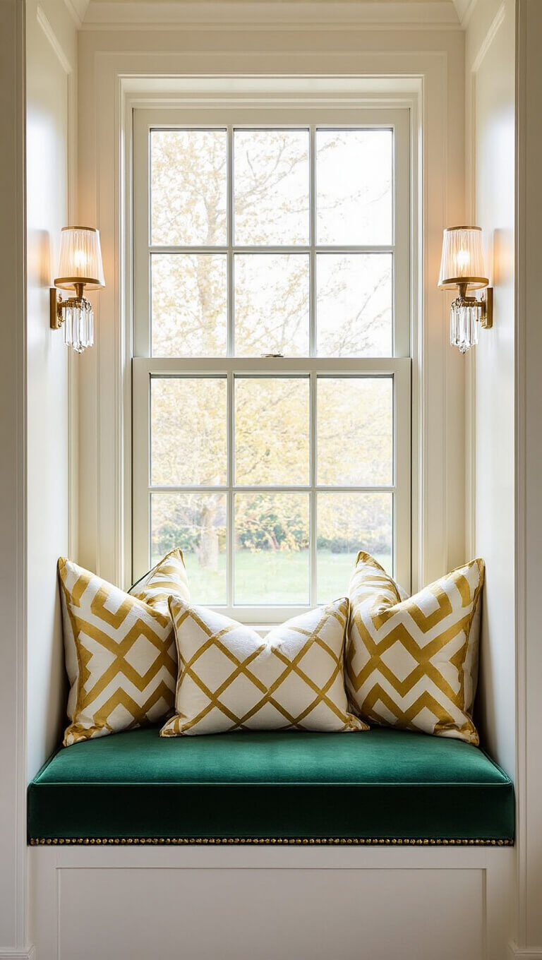 Window nook with emerald velvet bench, gold and cream pillows, and leaded glass window, lit by morning light and crystal sconces.