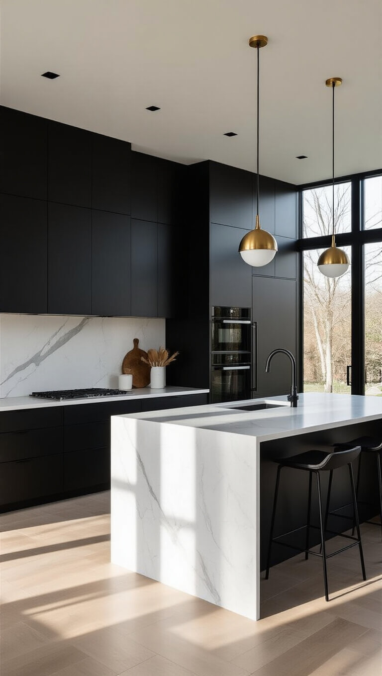 Minimalist black kitchen with white quartzite island, brass pendant lights, and floor-to-ceiling windows lit by early morning sunlight.
