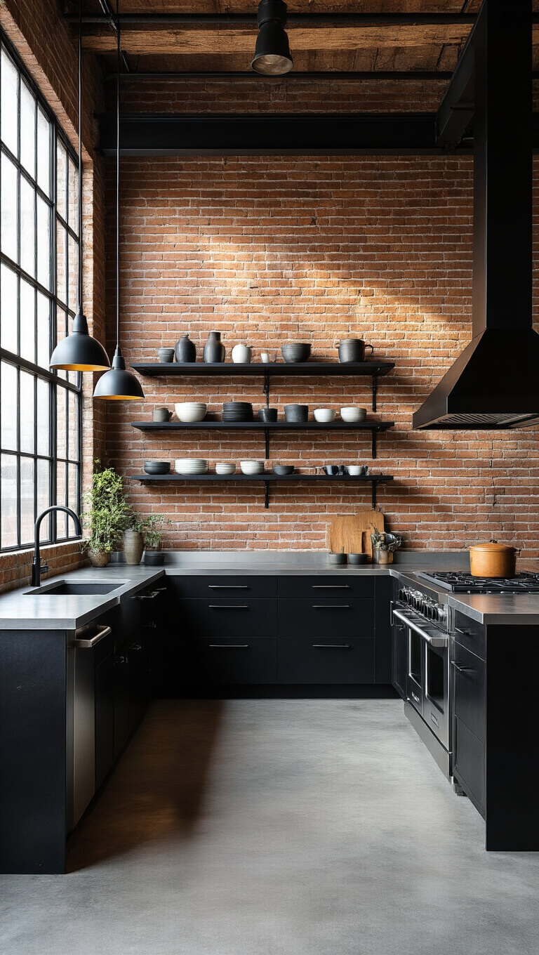 Industrial-style black kitchen with matte cabinets, stainless steel countertops, exposed brick wall, and moody golden hour lighting.