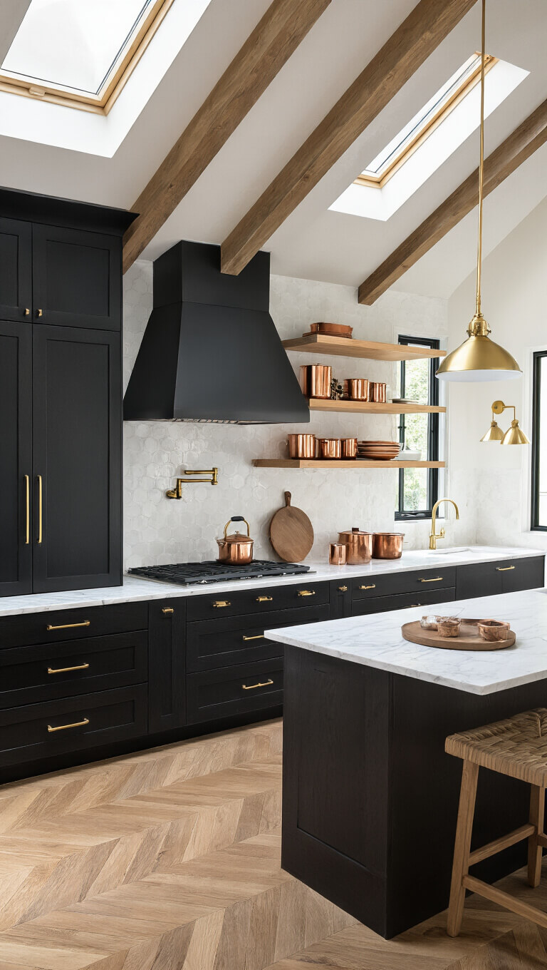 Contemporary black and wood kitchen with vaulted ceiling, skylight lighting, black oak cabinets, white marble countertops, floating wood shelves with copper cookware, brass sconces, and herringbone wood floors.
