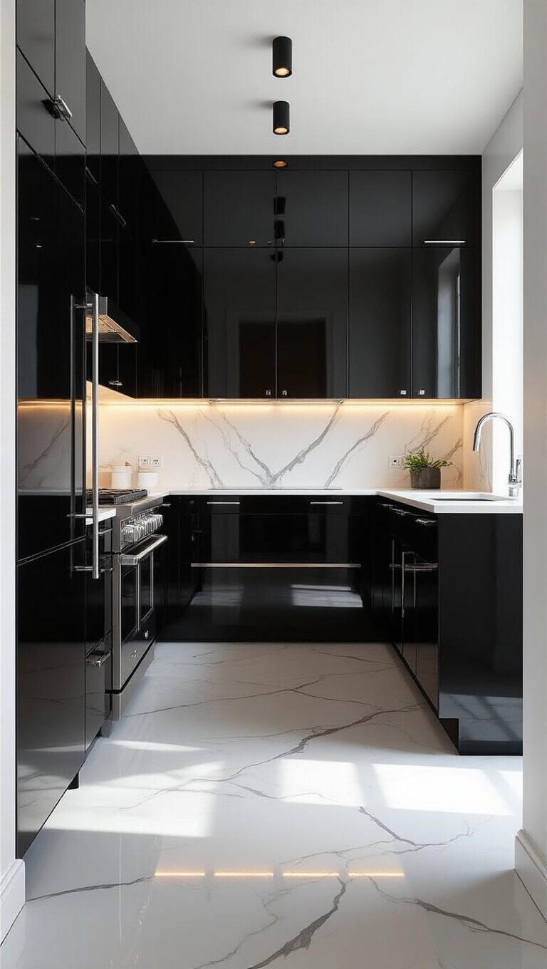 Minimalist black galley kitchen with glossy and matte cabinets, full-height white marble backsplash, chrome fixtures, and dramatic lighting highlighting textures and reflections.