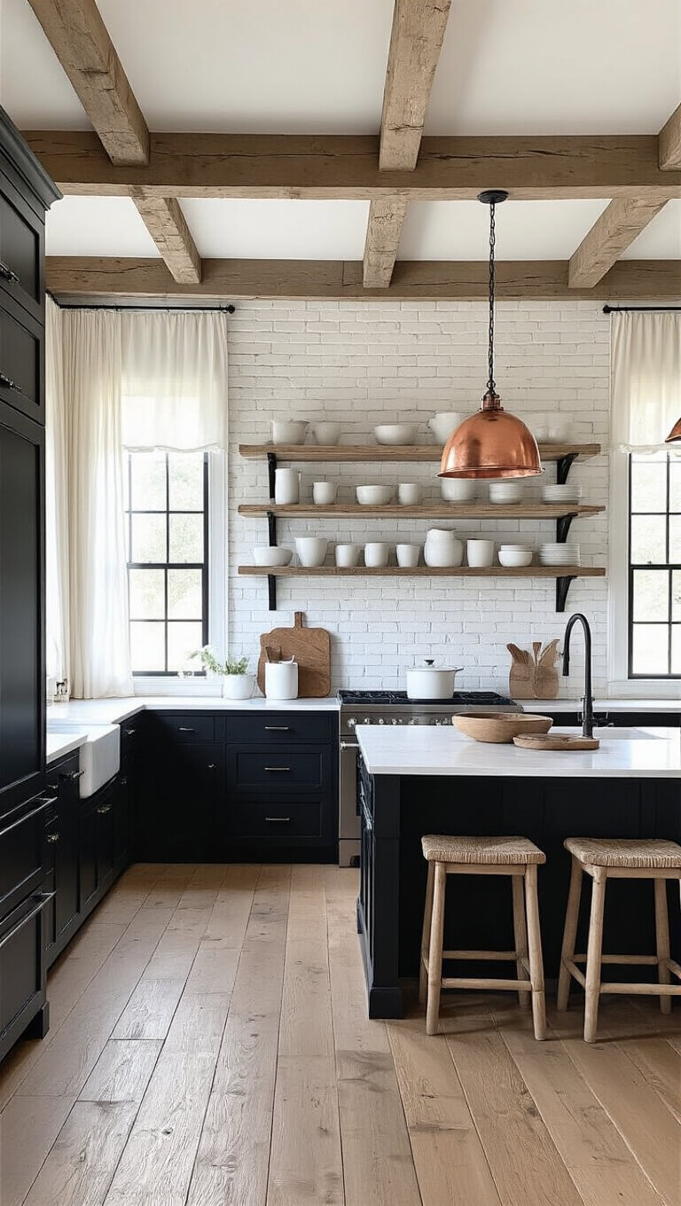 Modern farmhouse black kitchen with exposed beams, black shaker cabinets, whitewashed brick wall, vintage copper pendants over large island, reclaimed wood shelves with white pottery, and wide plank oak floors in soft morning light.