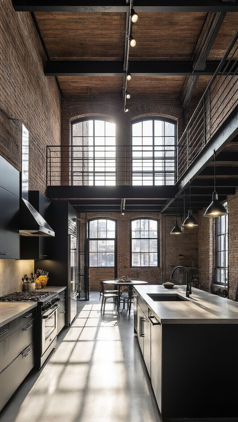 Elevated view of industrial-style black urban loft kitchen with glossy cabinets, concrete countertops, matte black appliances, and dramatic afternoon lighting through warehouse windows.