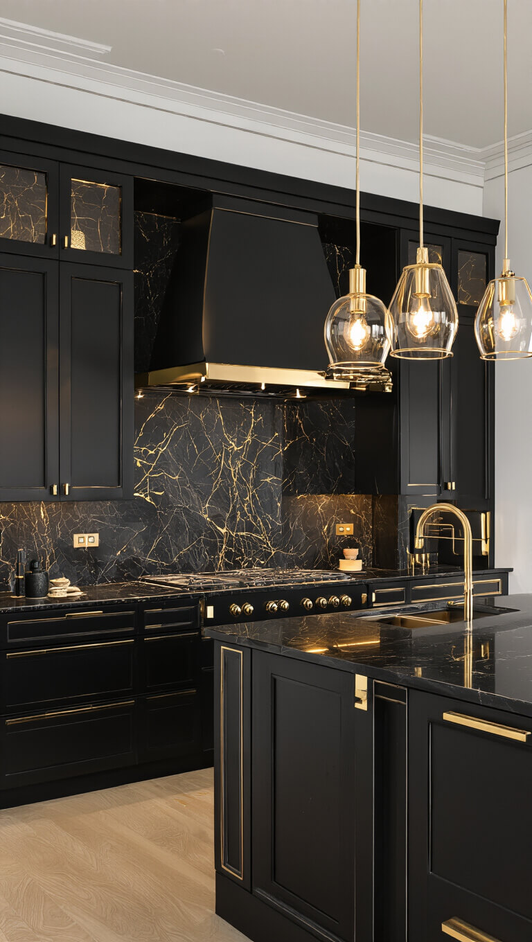 Contemporary black and gold kitchen with matte black cabinets, gold inlays, brushed gold fixtures, backlit black marble backsplash, and glass pendant lights in moody evening lighting.