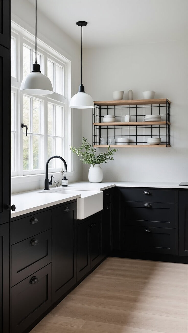 Scandinavian black kitchen with white concrete counters, black oak cabinets, white pendant lights, and light oak flooring, softly lit by morning light through frosted windows.