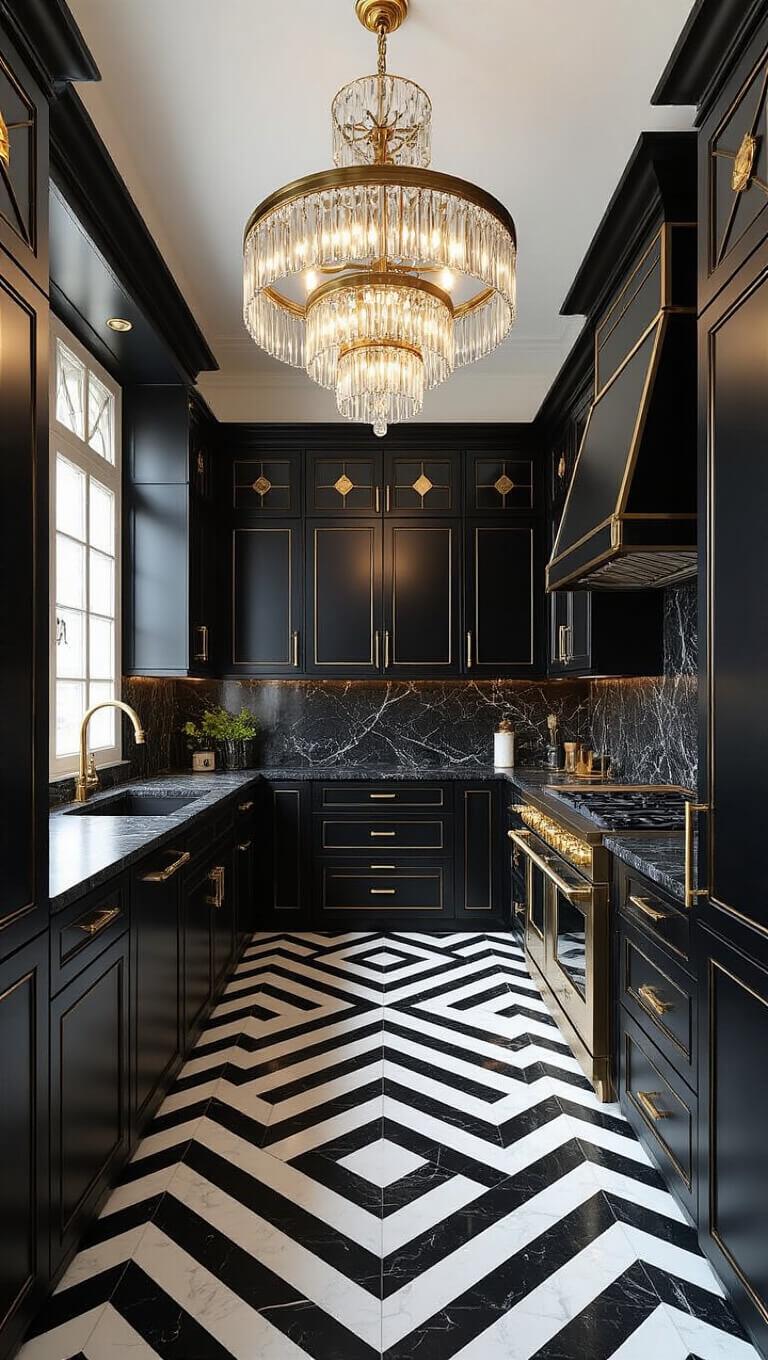 Art Deco black kitchen with lacquered cabinets, brass inlays, chevron marble floor, gold-veined backsplash, and crystal chandelier under mid-day light.
