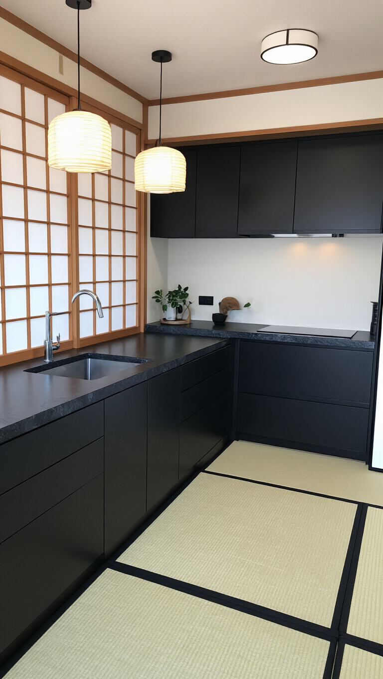 Japanese-inspired black kitchen with matte cabinets, wood accents, paper screen lighting, bamboo elements, and tatami-style flooring in soft morning light.